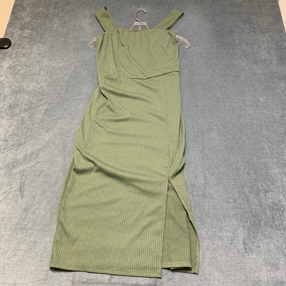 The Vanity Room Midi Dress Womens Large Olive Green Ribbed Sleeveless Side Slit
